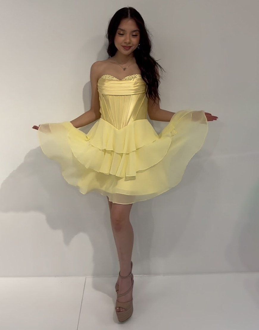 Yellow Chiffon A Line Short Corset Homecoming Dress with Ruffles