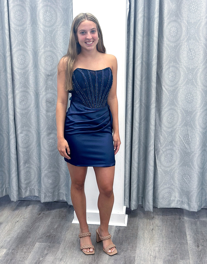 Sparkly Navy Satin Ruched Corset Short Homecoming Dress with Beading