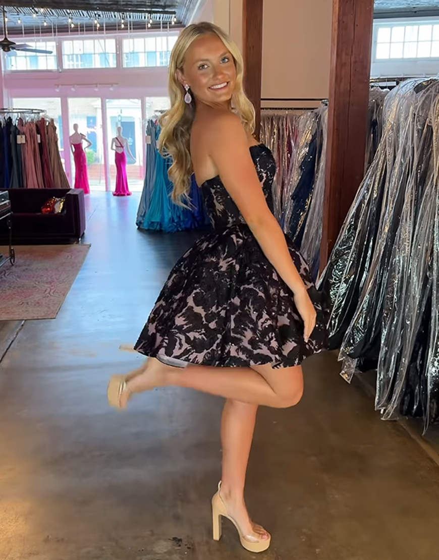 Black Floral Lace A Line Short Homecoming Dress