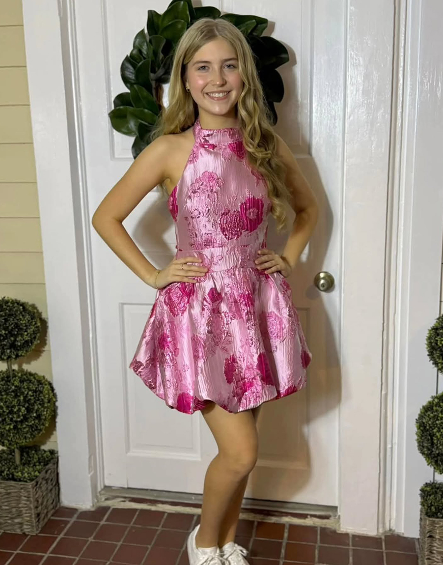 Pink Floral High Neck A Line Short Homecoming Dress