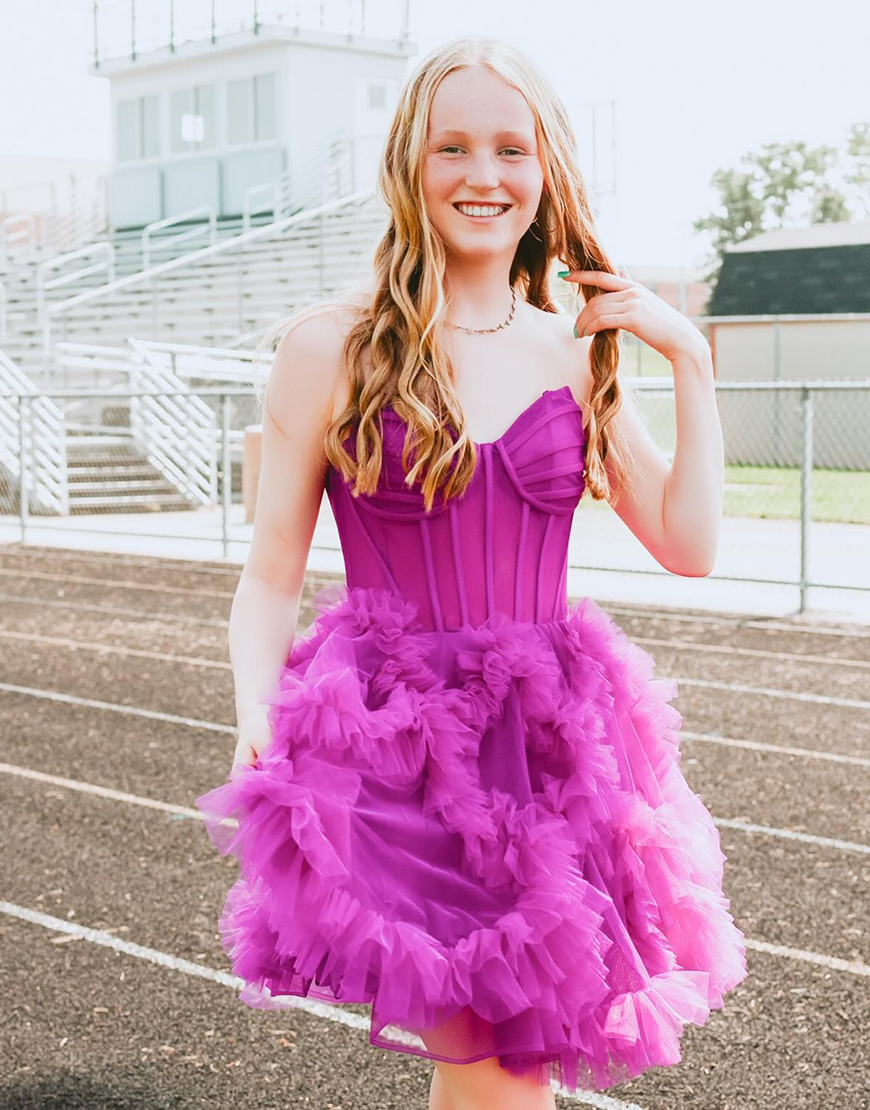 Fuchsia Sweetheart Short Corset Homecoming Dress with Ruffles