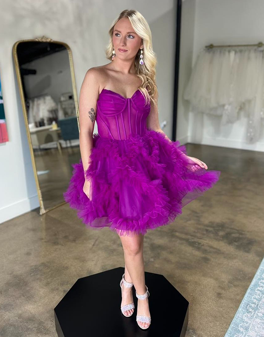 Fuchsia Sweetheart Short Corset Homecoming Dress with Ruffles
