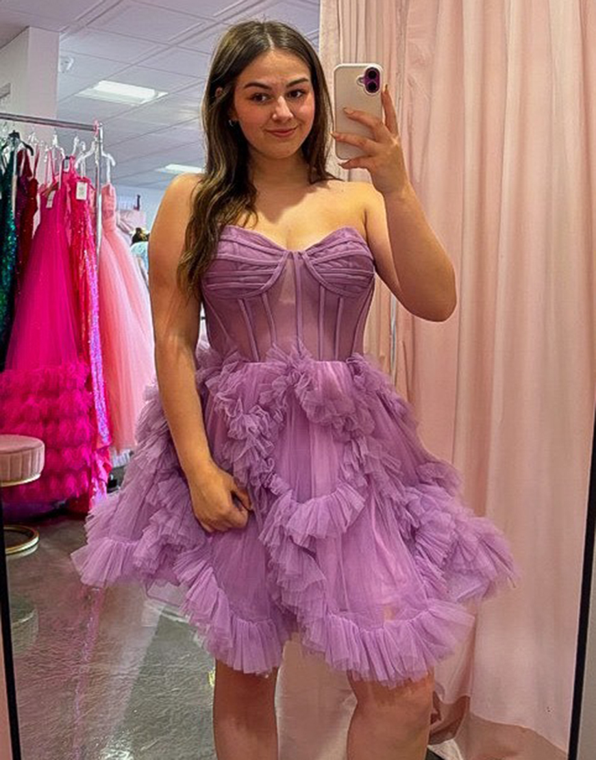 Fuchsia Sweetheart Short Corset Homecoming Dress with Ruffles