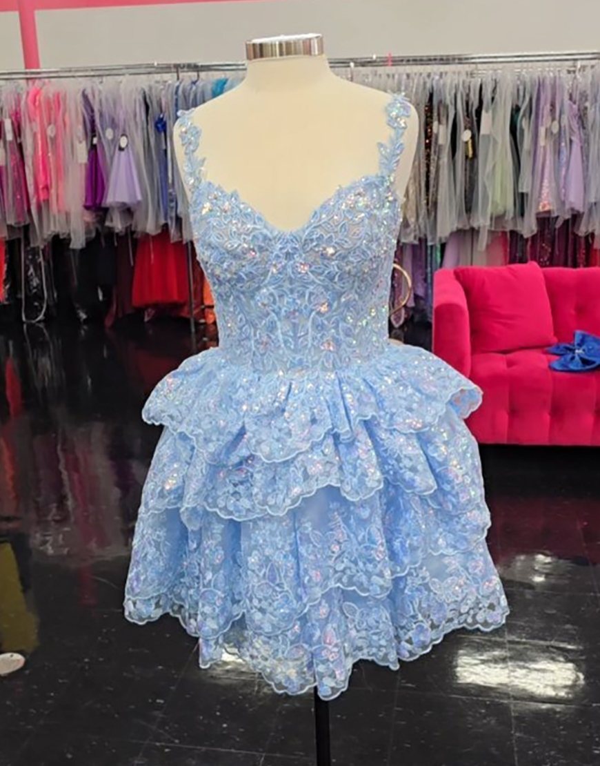 Sparkly Light Blue Lace Floral Short Homecoming Dress with Ruffles