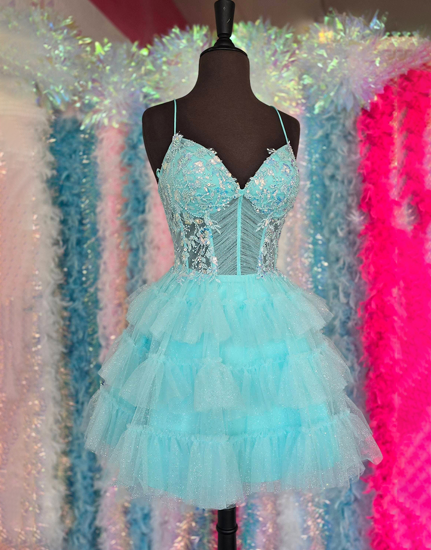 Sparkly Light Green Tulle Short Corset Homecoming Dress with Appliques