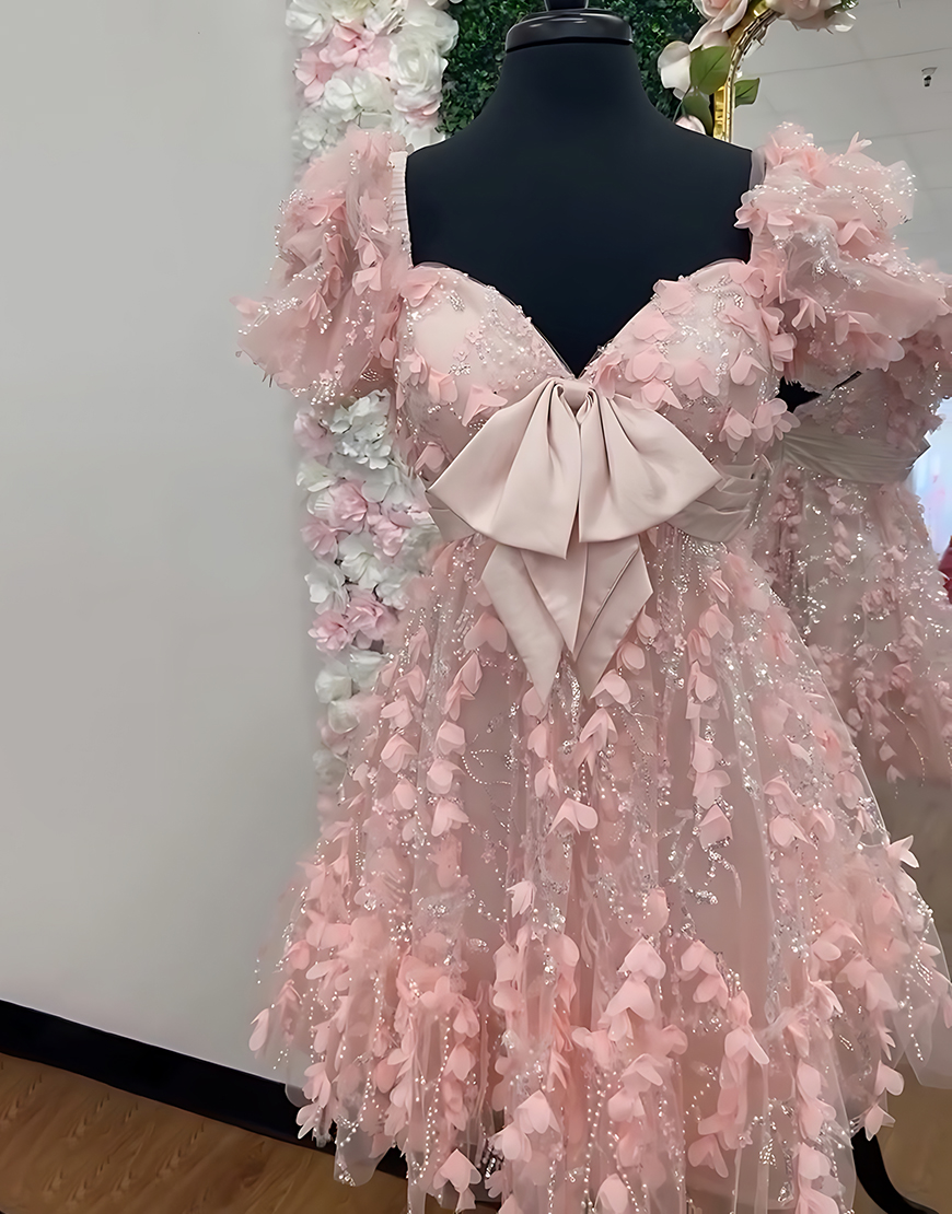 Pink Floral Short A Line Homecoming Dress with Bow