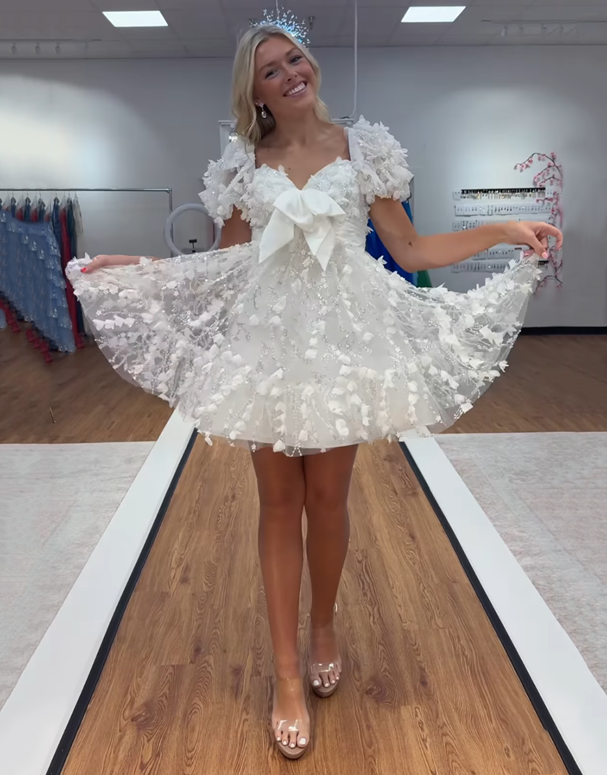 Pink Floral Short A Line Homecoming Dress with Bow