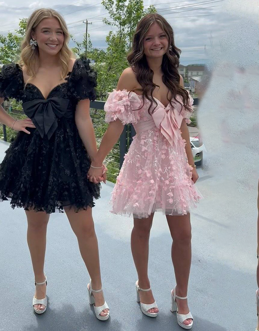 Pink Floral Short A Line Homecoming Dress with Bow