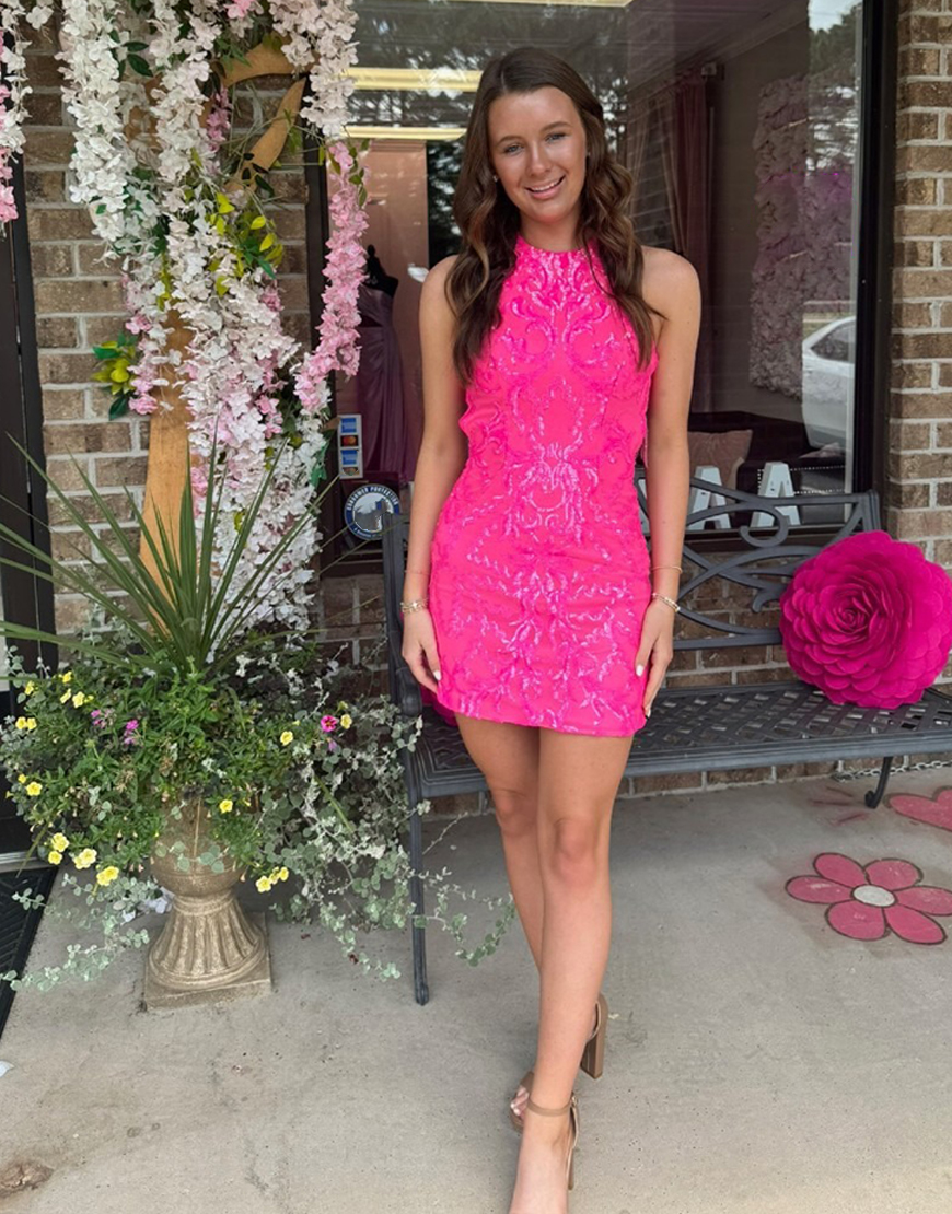 Sparkly Fuchsia High Neck Tight Short Homecoming Dress with Fringes