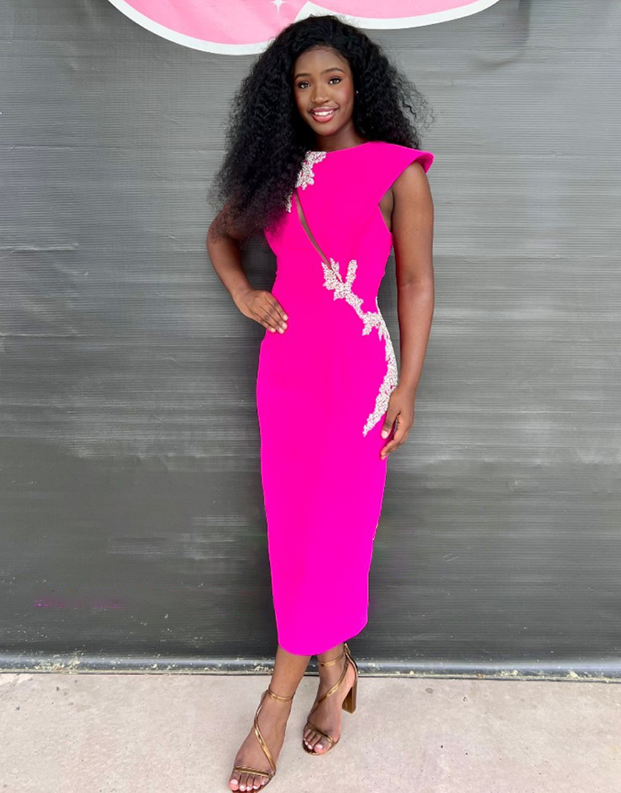 Sparkly Fuchsia Keyhole Satin Midi Homecoming Dress with Beading