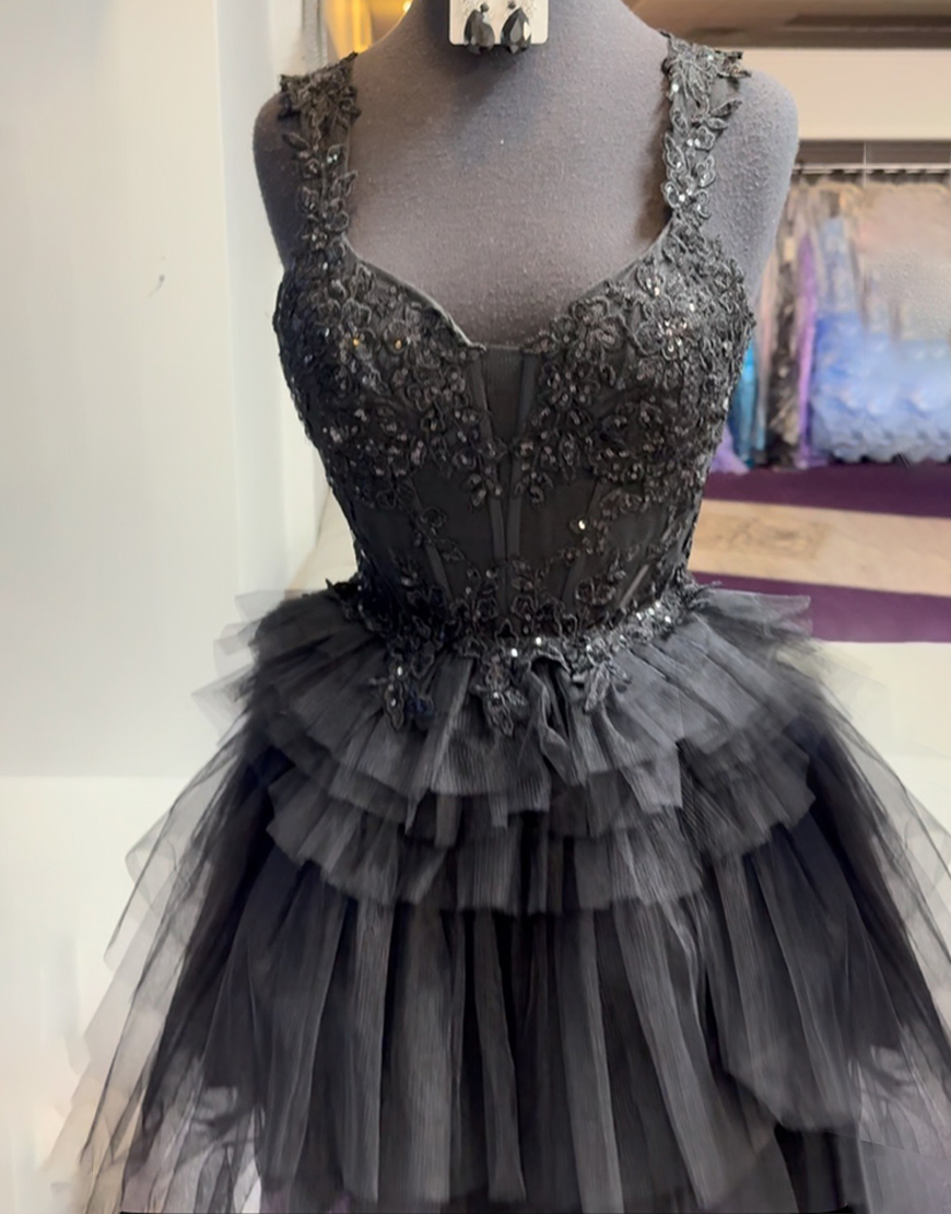 Black Tulle Ruffled Short Corset Homecoming Dress with Appliques