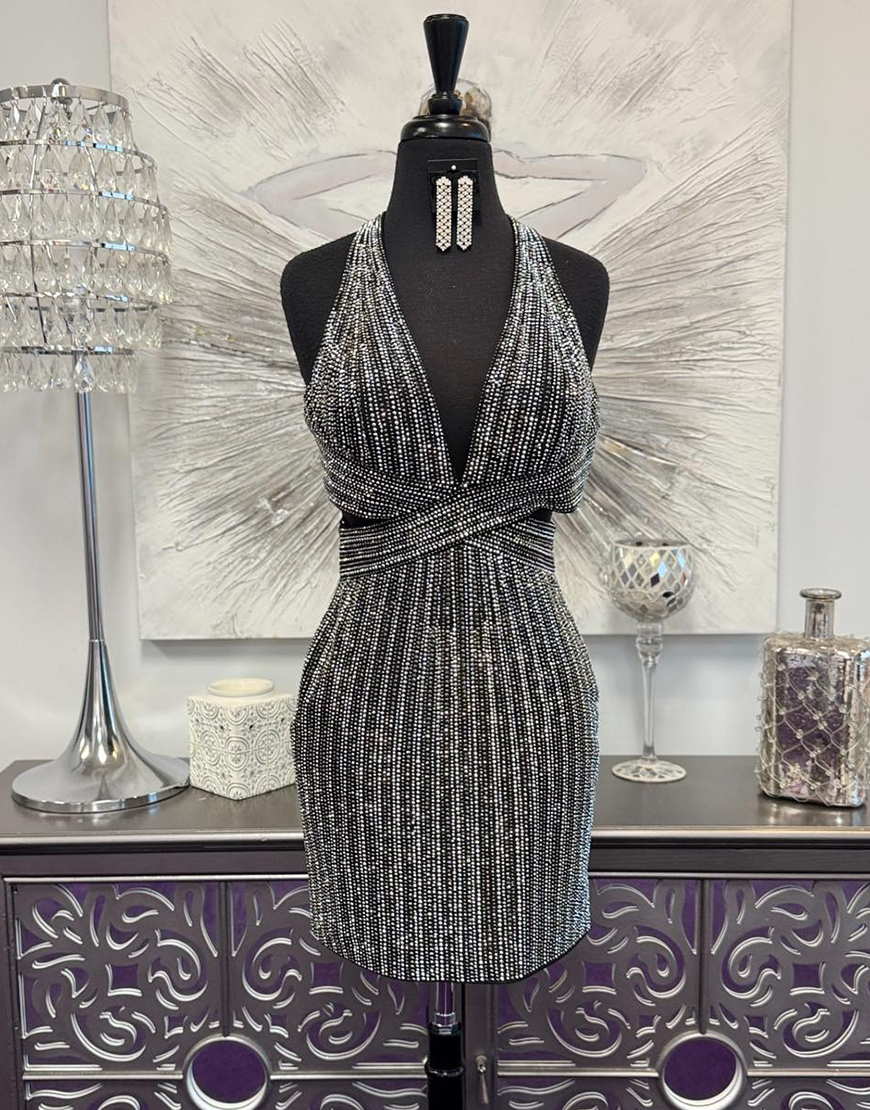 Sparkly Black Cut Out Short Homecoming Dress with Beading