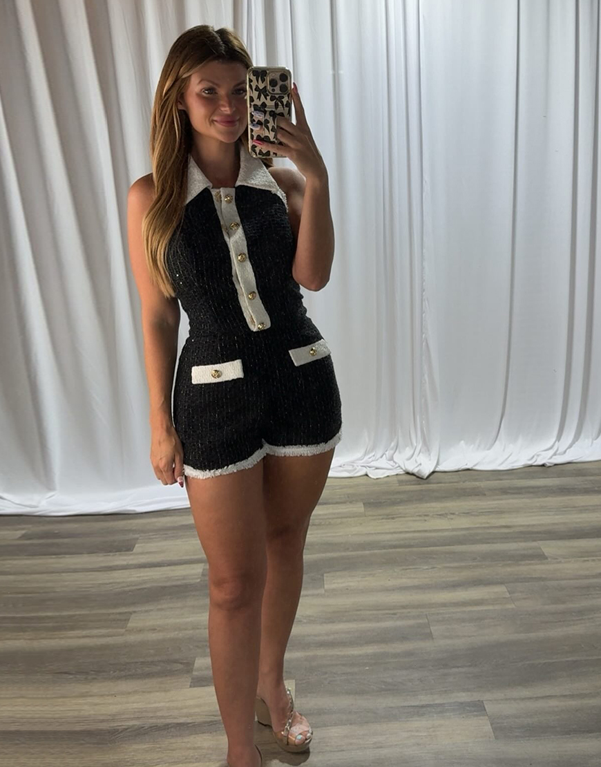 Black Tweed Tight Button Short Homecoming Jumpsuits