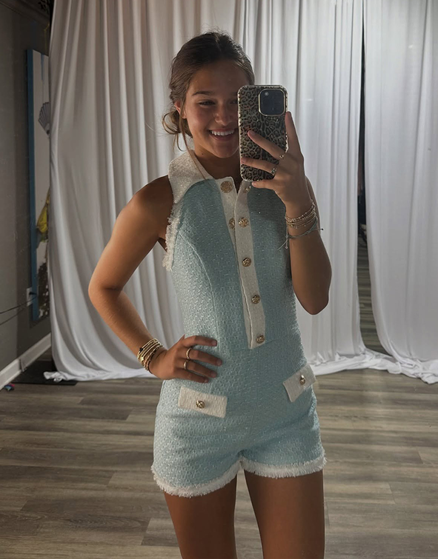 Light Blue Tight Tweed Button Homecoming Jumpsuits