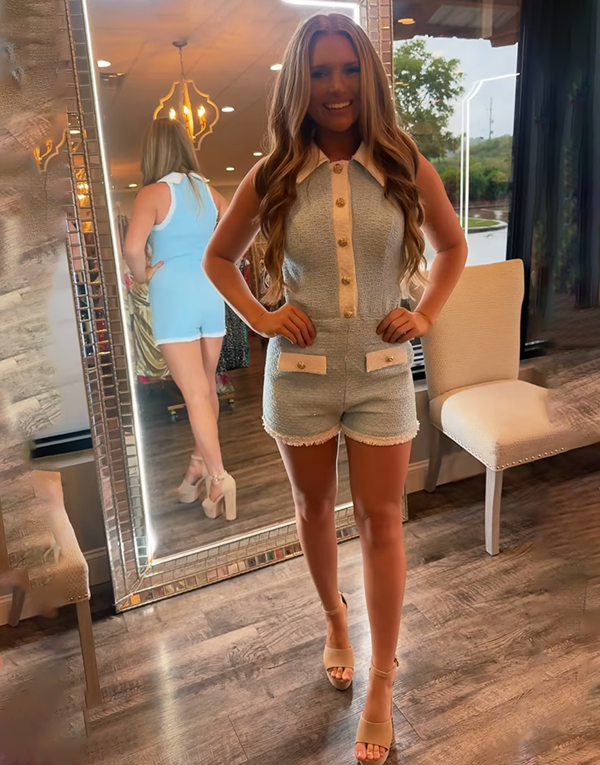 Light Blue Tight Tweed Button Homecoming Jumpsuits