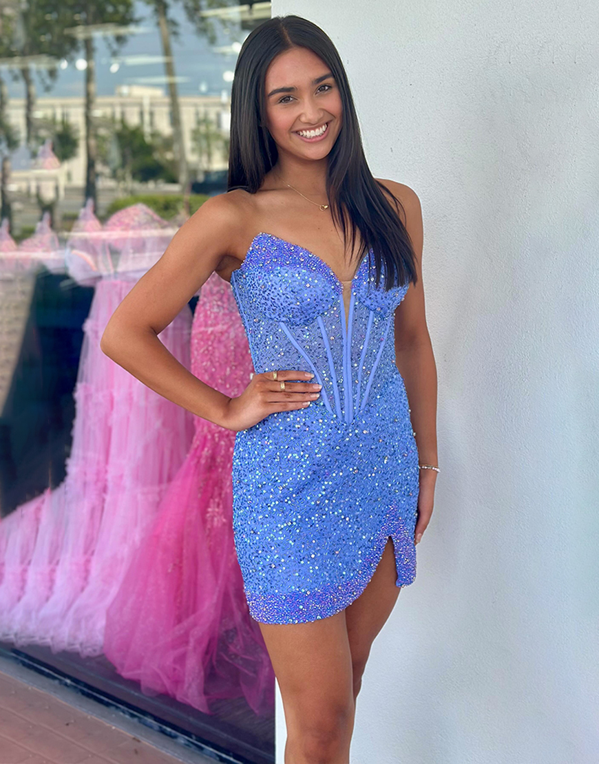 Sparkly Blue Sequins Short Corset Homecoming Dress with Slit