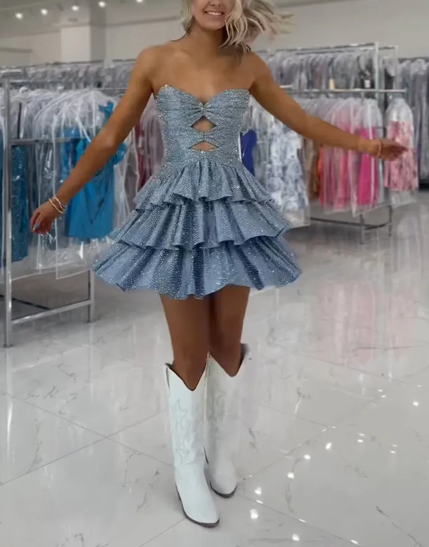 Sparkly Yellow A Line Beaded Short Homecoming Dress with Ruffles