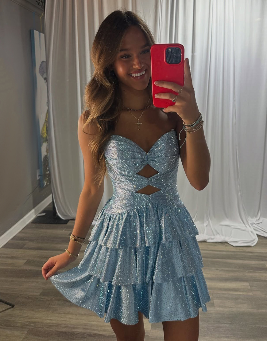Sparkly Light Blue A Line Beaded Short Homecoming Dress with Ruffles