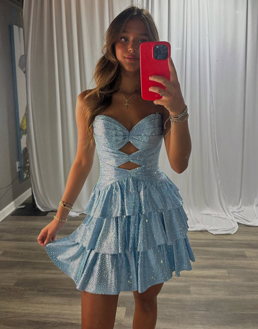 Sparkly Light Blue A Line Beaded Short Homecoming Dress with Ruffles