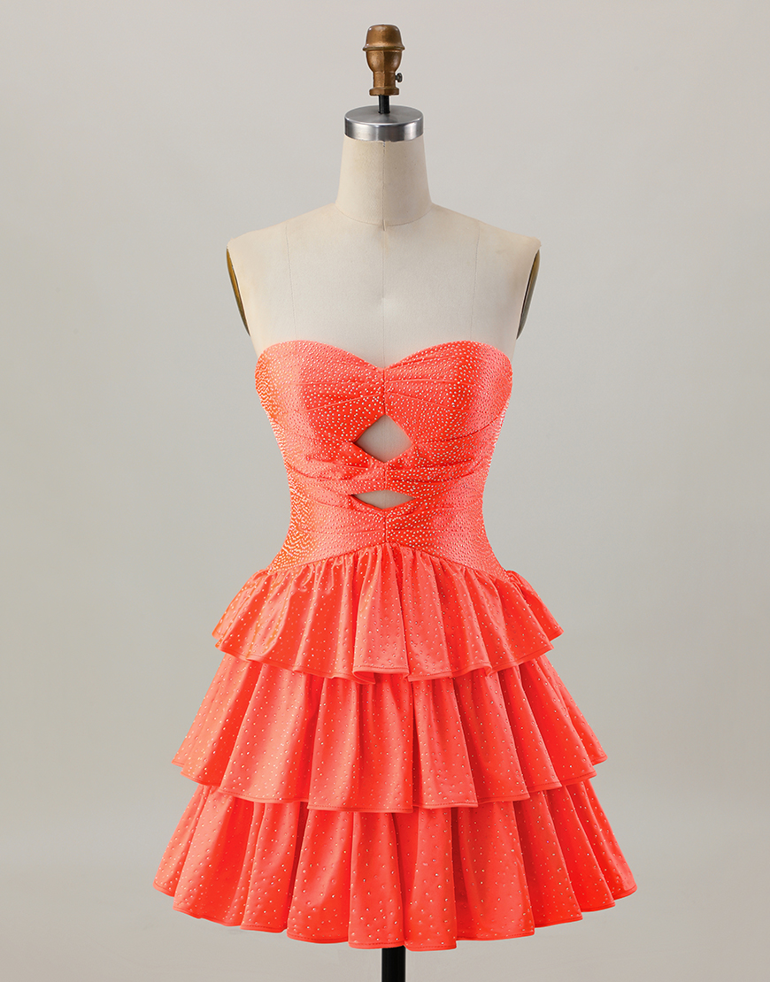 Berlinnova Women Sparkly Orange A Line Short Homecoming Dress with Ruffles Beaded Strapless Tiered Cut Out Lace Up Back Hoco Dress