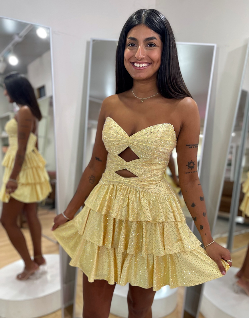Sparkly Yellow A Line Beaded Short Homecoming Dress with Ruffles