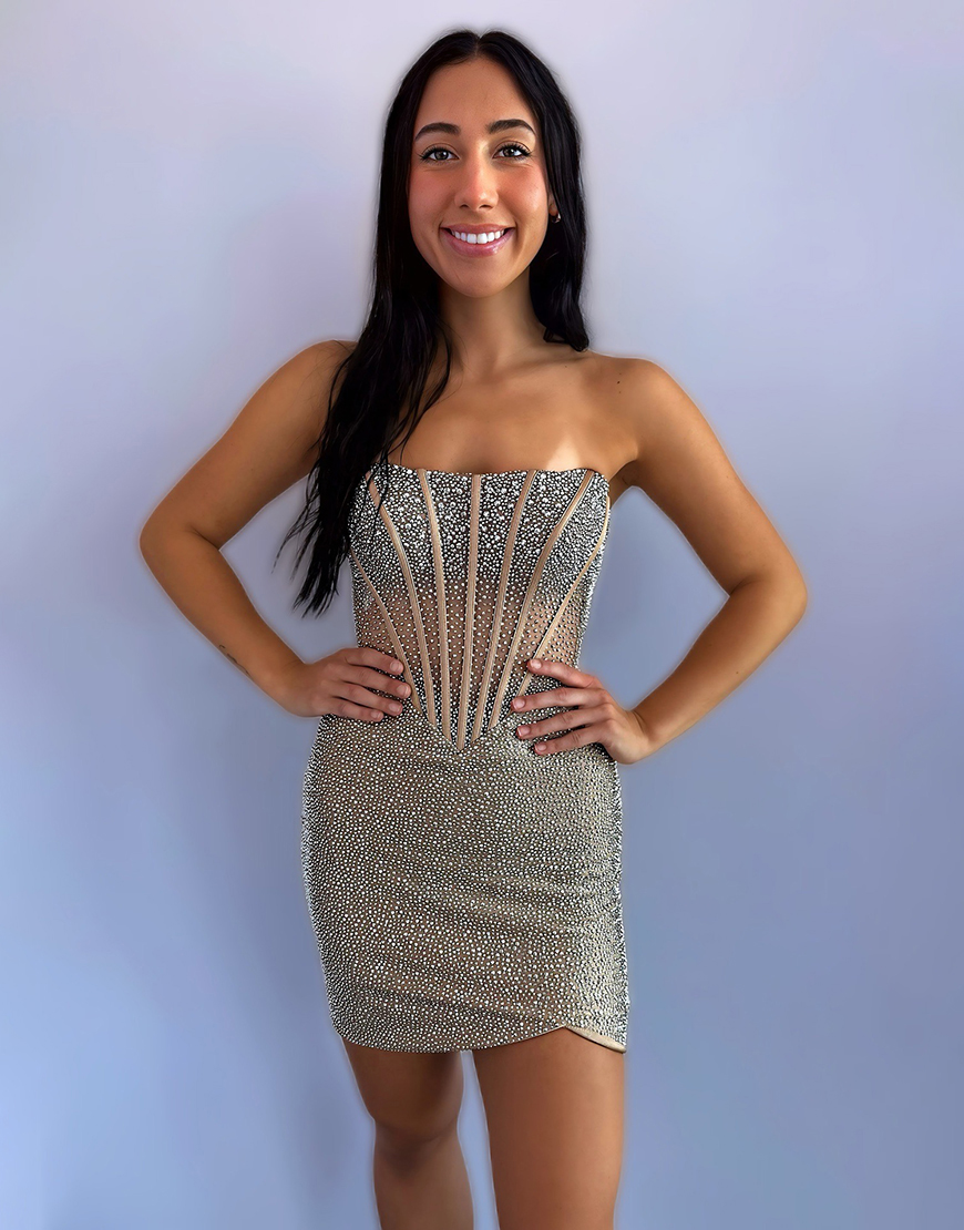 Sparkly Royal Blue Tight Beaded Strapless Short Corset Homecoming Dress