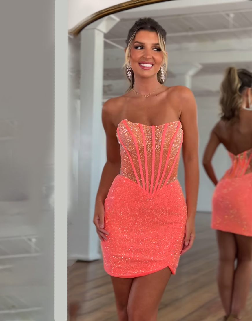 Sparkly Silver Tight Beaded Strapless Short Corset Homecoming Dress