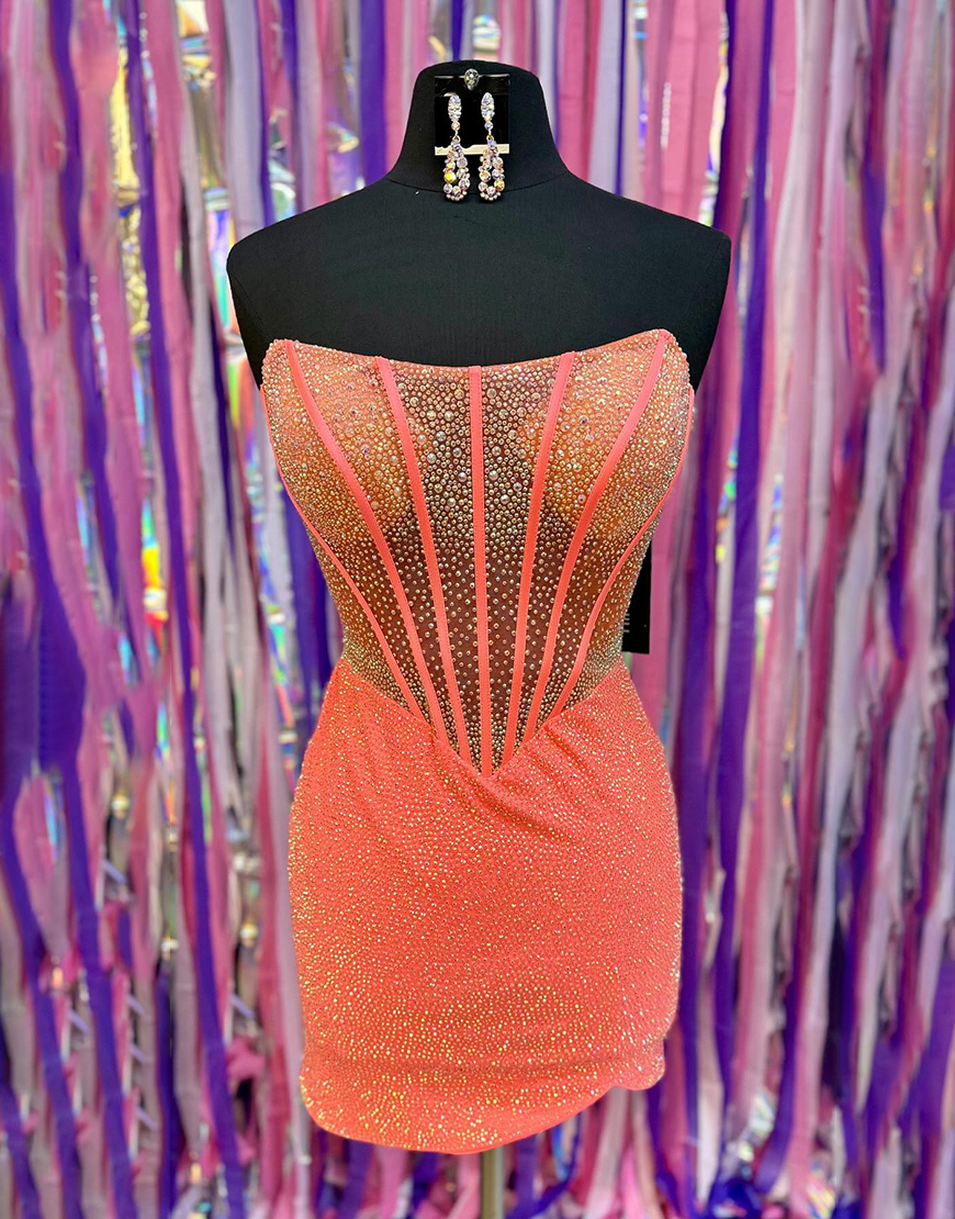 Sparkly Orange Tight Beaded Strapless Short Corset Homecoming Dress