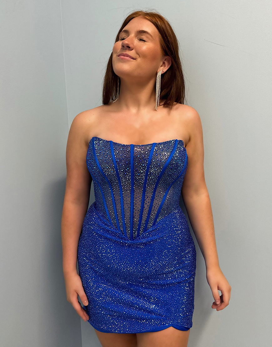 Sparkly Royal Blue Tight Beaded Strapless Short Corset Homecoming Dress