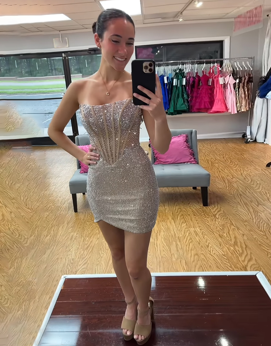 Sparkly Light Blue Tight Strapless Short Corset Homecoming Dress with Beading