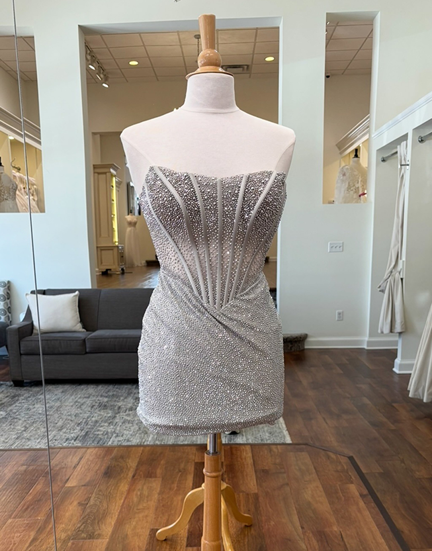 Sparkly Silver Tight Beaded Strapless Short Corset Homecoming Dress