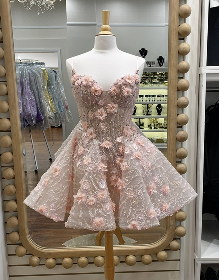 Sparkly Pink Floral Corset A Line Short Homecoming Dress with Beading