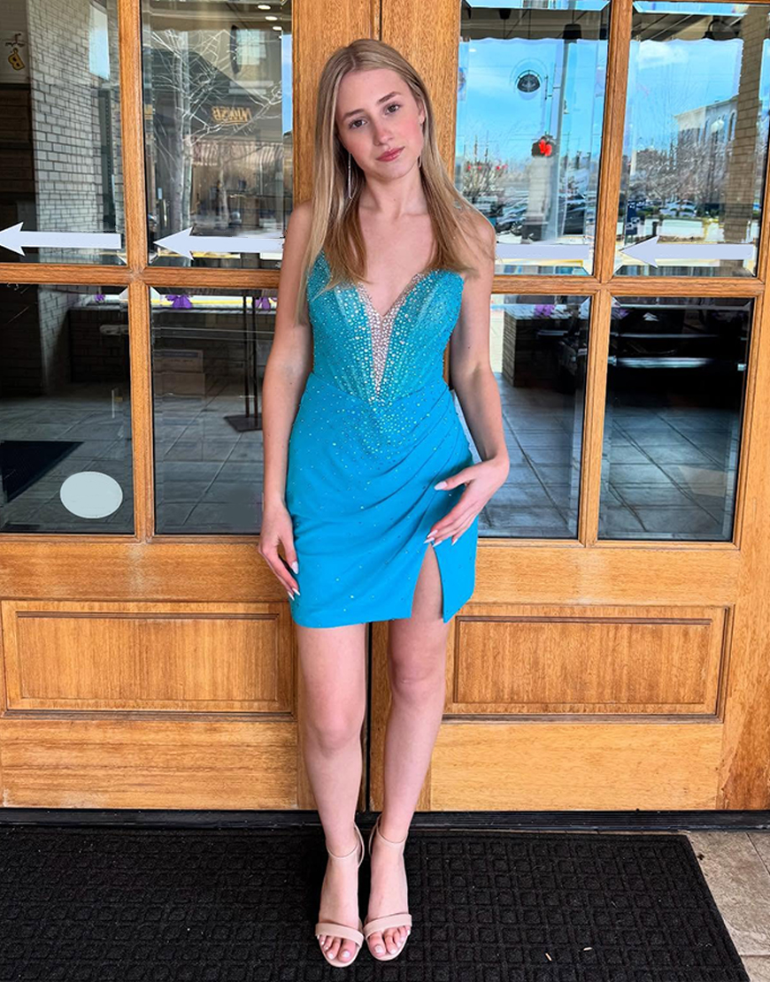 Sparkly Blue Tight Ruched Short Corset Homecoming Dress with Beading