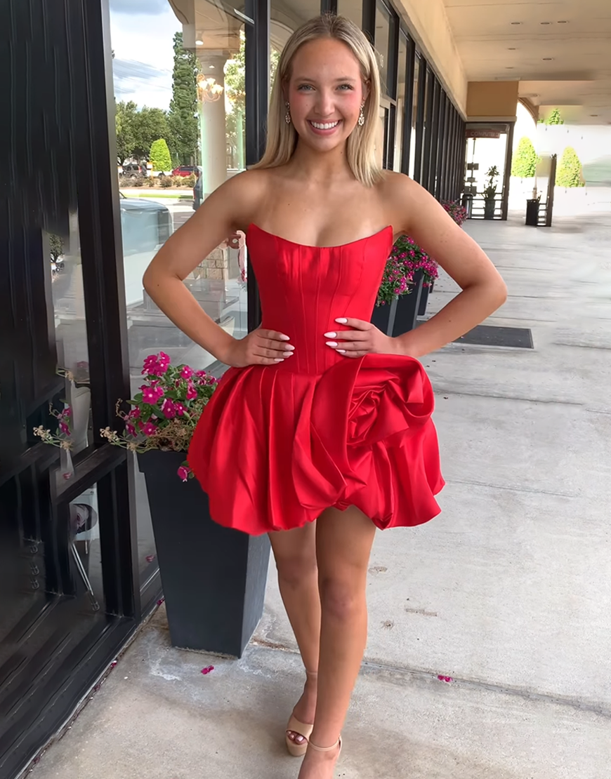 Red Floral Satin A Line Strapless Short Corset Homecoming Dress