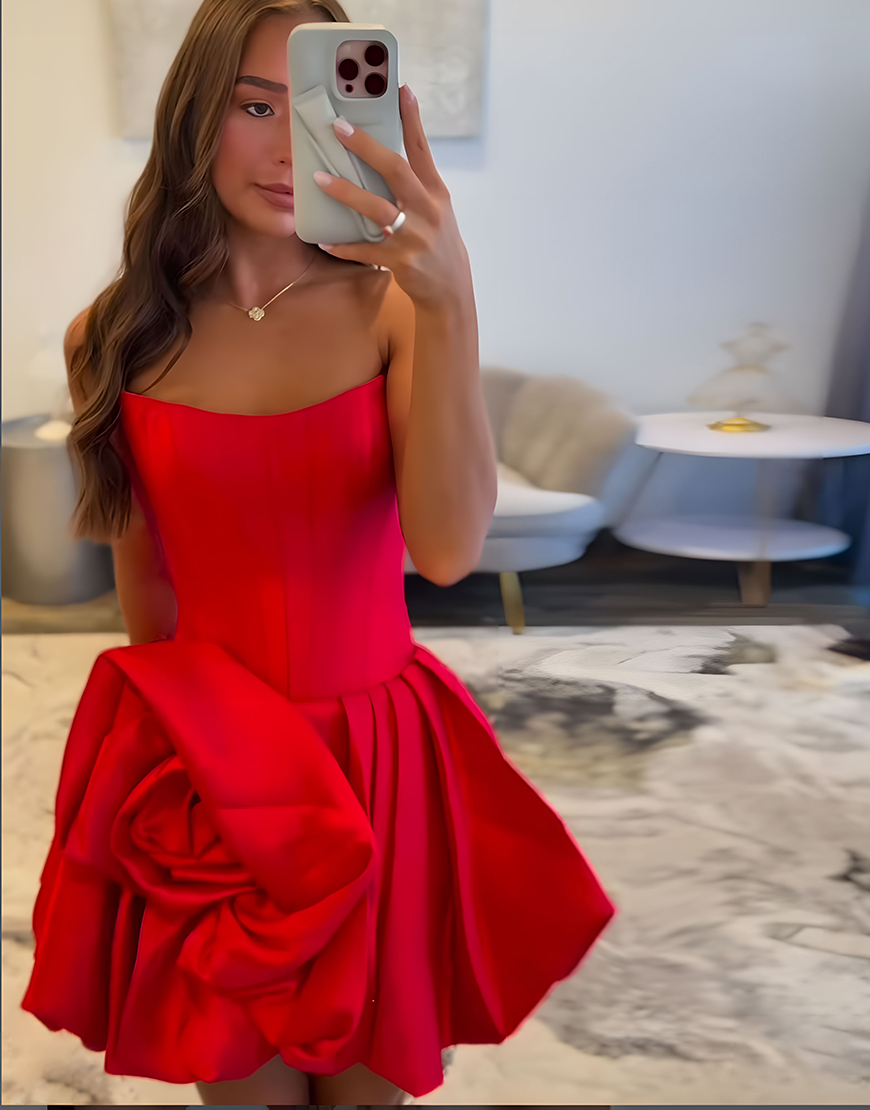 Red Floral A Line Strapless Satin Short Corset Homecoming Dress