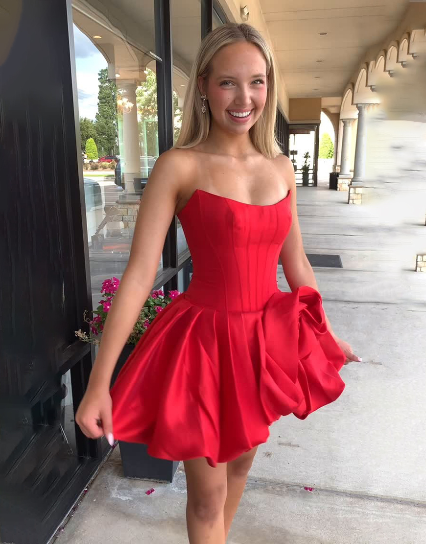 Red Floral Satin A Line Strapless Short Corset Homecoming Dress