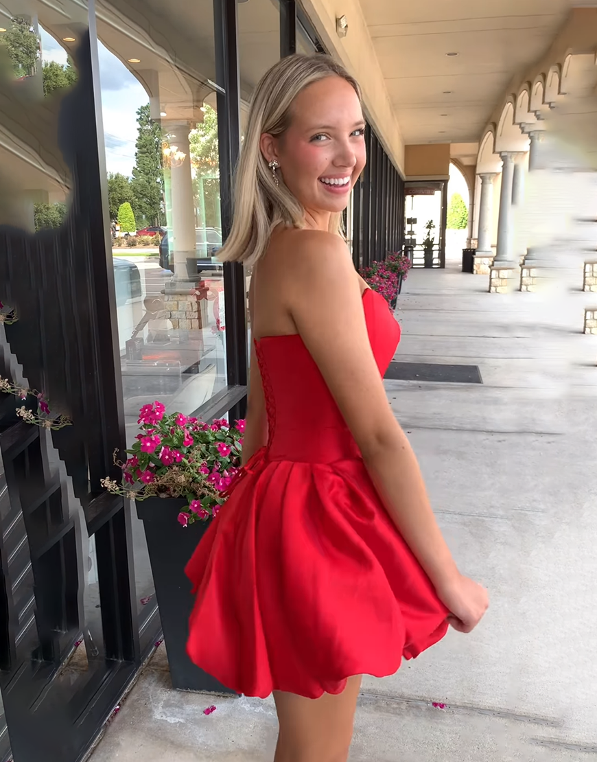 Red Floral Satin A Line Strapless Short Corset Homecoming Dress