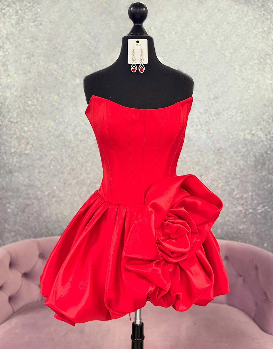 Red Floral A Line Strapless Satin Short Corset Homecoming Dress