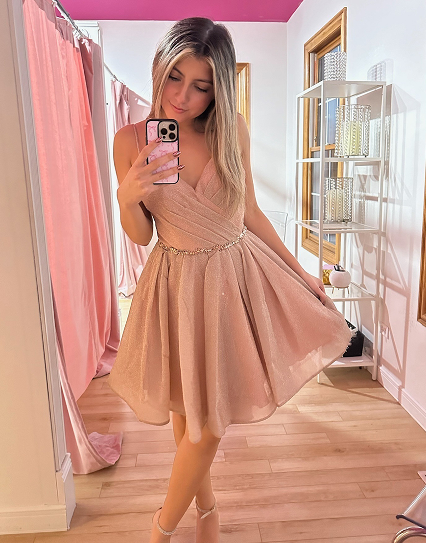 Sparkly Champagne A Line Organza Short Homecoming Dress with Beading