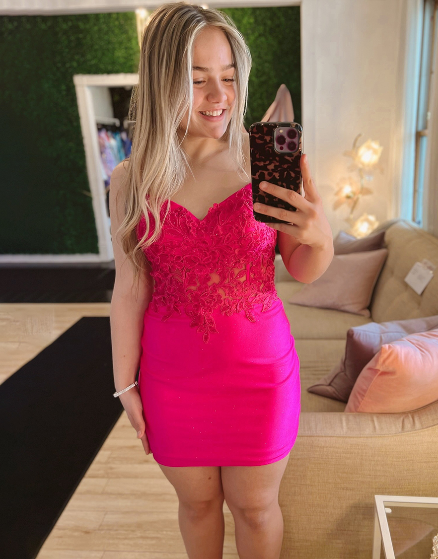 Fuchsia Satin Spaghetti Straps Short Tight Homecoming Dress with Appliques