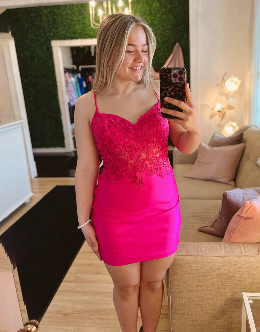 Fuchsia Satin Spaghetti Straps Short Tight Homecoming Dress with Appliques