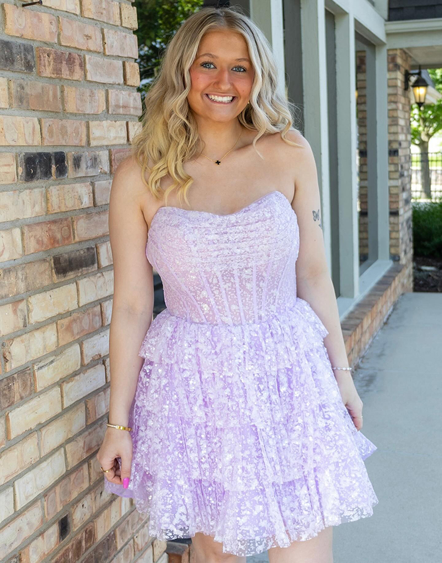 Sparkly Lilac Tiered A Line Ruffled Short Corset Homecoming Dress