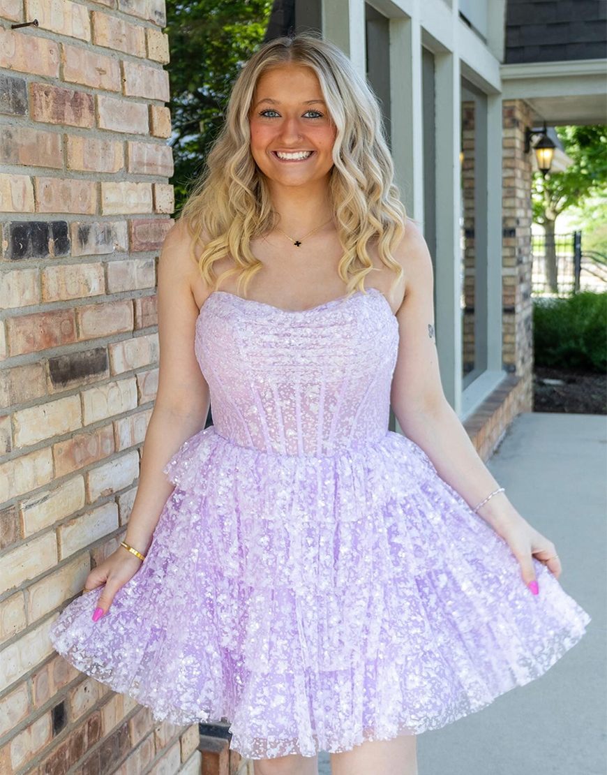 Sparkly Lilac Tiered A Line Ruffled Short Corset Homecoming Dress