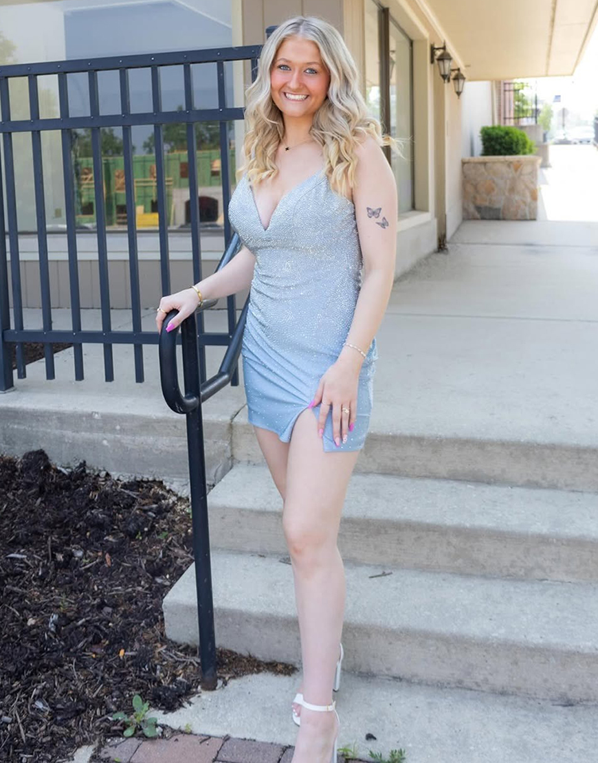 Sparkly Grey Beaded V-Neck Tight Short Homecoming Dress with Slit