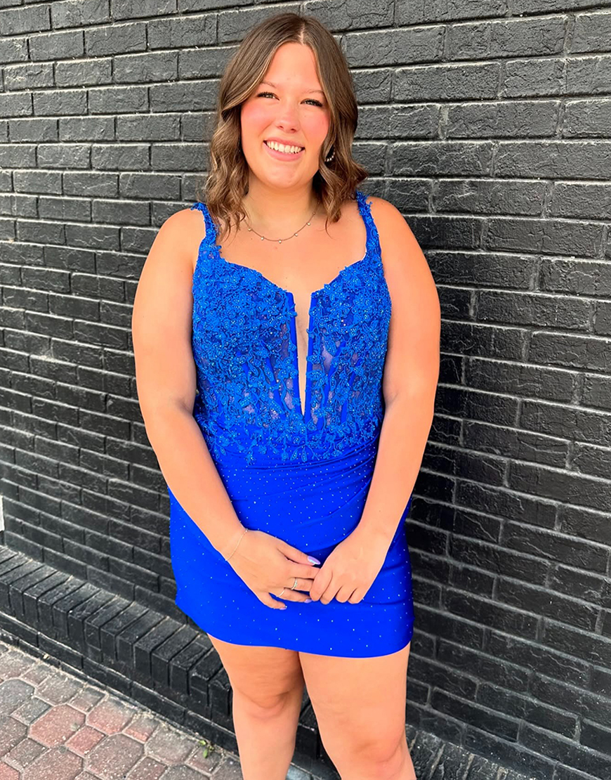 Sparkly Royal Blue Beaded Tight Short Corset Homecoming Dress with Lace