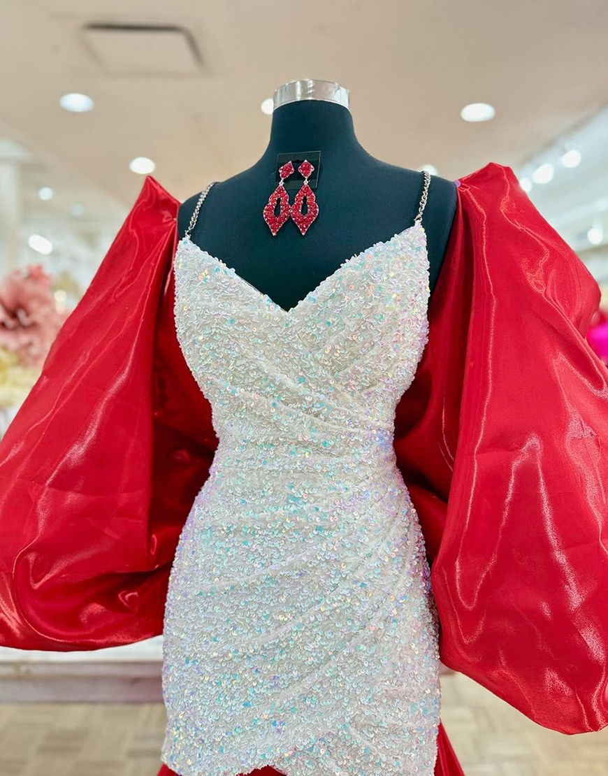 Sparkly White Red Ruched Sequins Tight Short Homecoming Dress with Bow