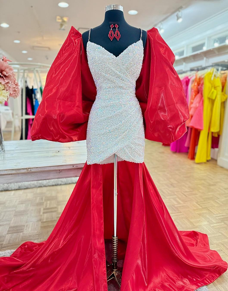 Sparkly White Red Ruched Sequins Tight Short Homecoming Dress with Bow