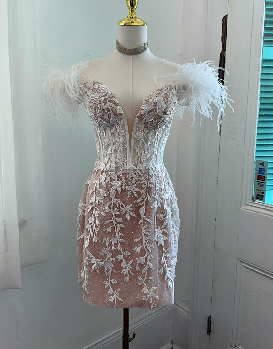 Sparkly White Short Corset Tight Lace Homecoming Dress with Feathers