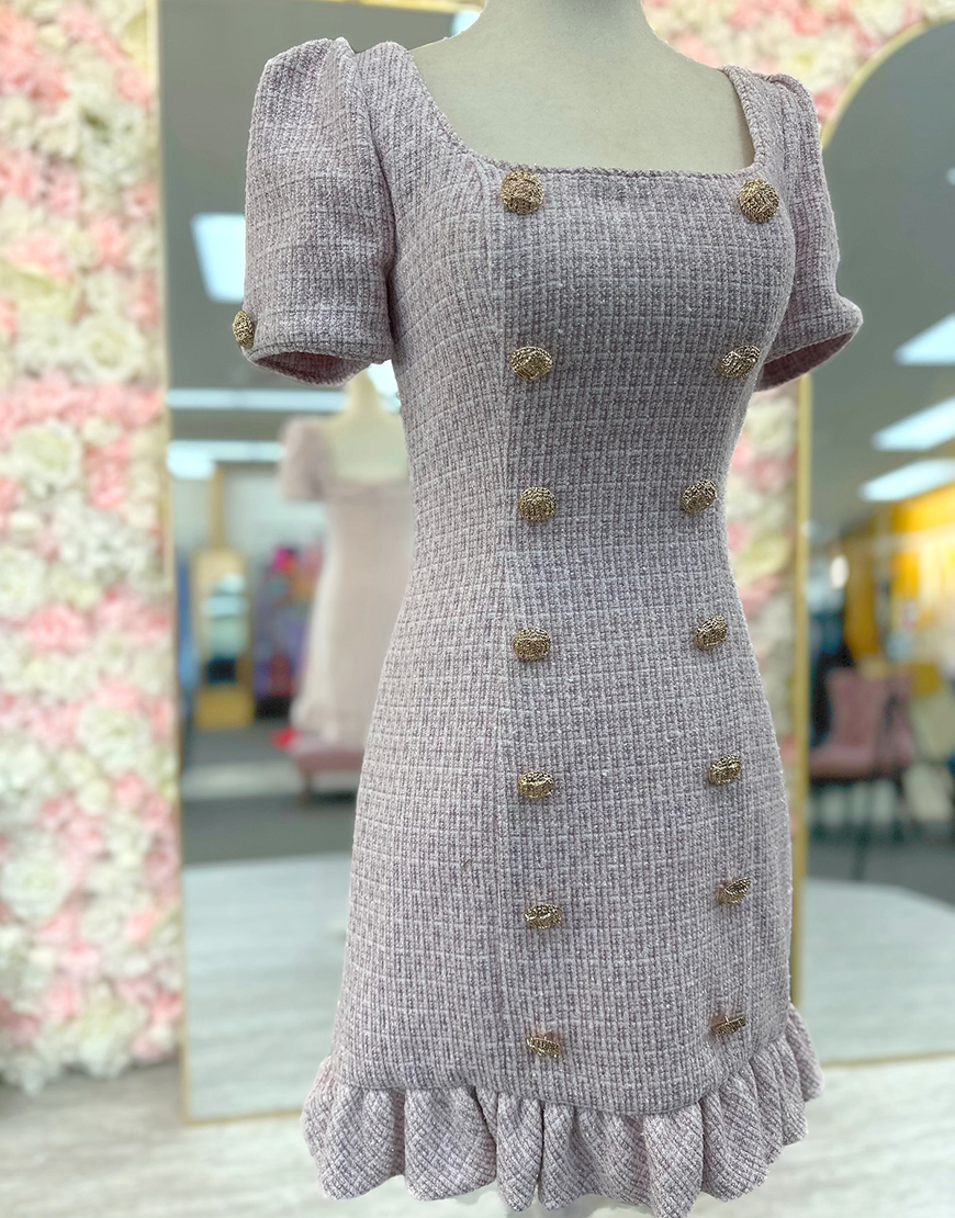 Pink Tweed Short Sleeves Button Homecoming Dress with Ruffles