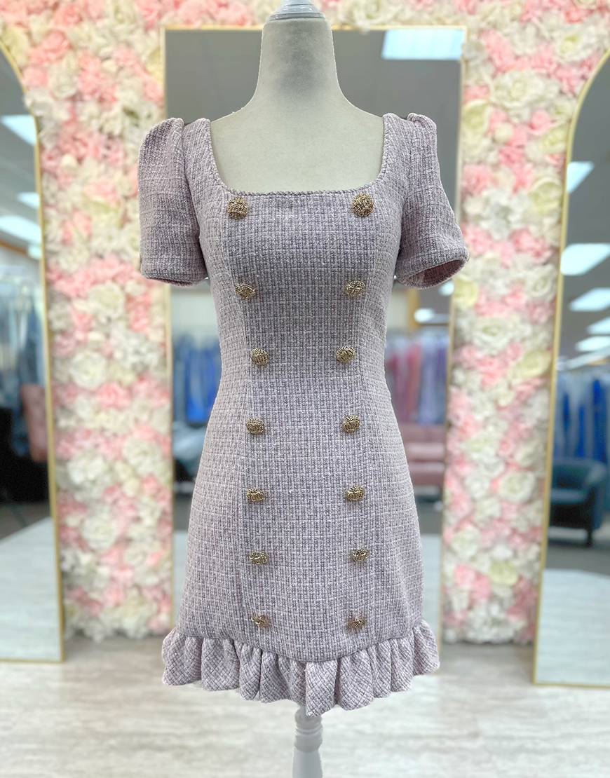 Pink Tweed Short Sleeves Button Homecoming Dress with Ruffles